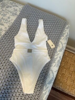 Tory Burch White Plunge One-Piece Bodysuit with Signature Chrome Buckle
